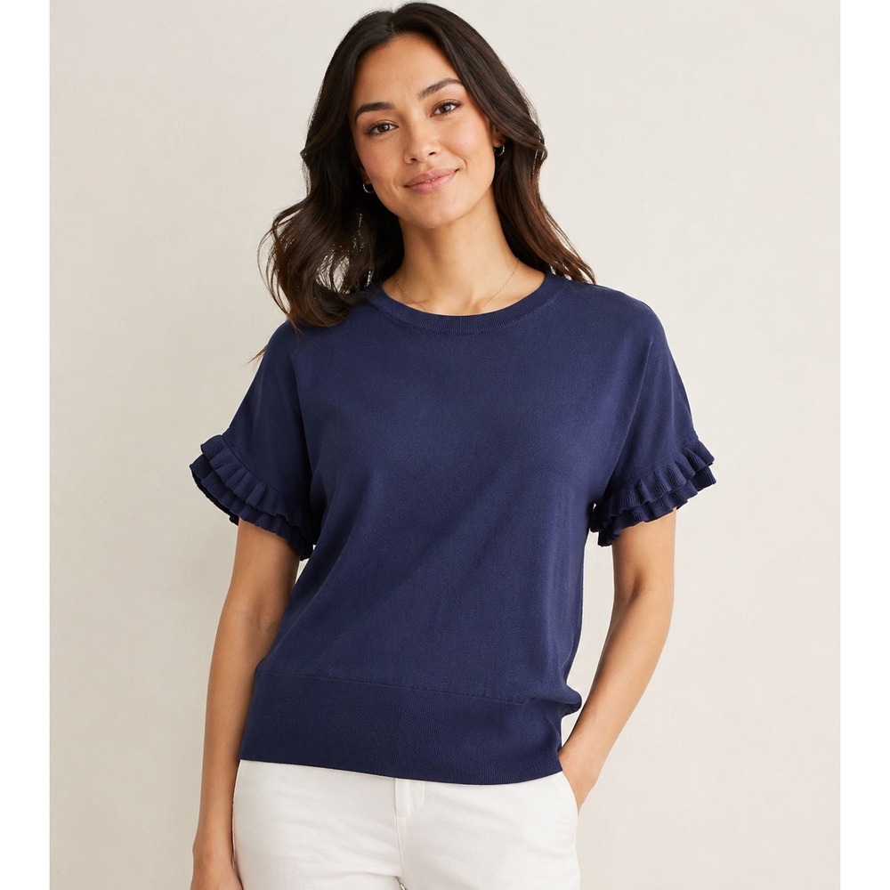 Ann Taylor Navy Blue Ruffle Sleeve Knit Sweater Top Crew Neck Size S 461432